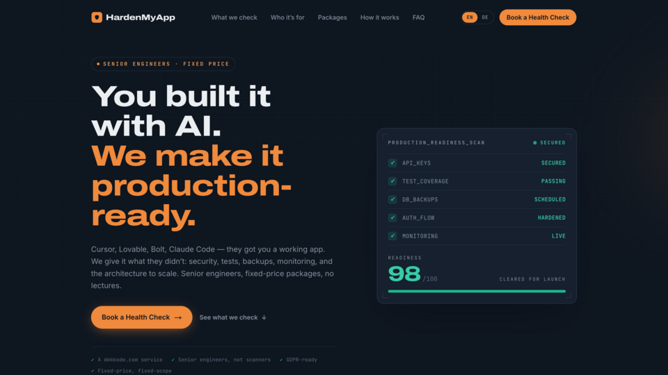 hardenmyapp.com is live: we make AI-built apps production-ready