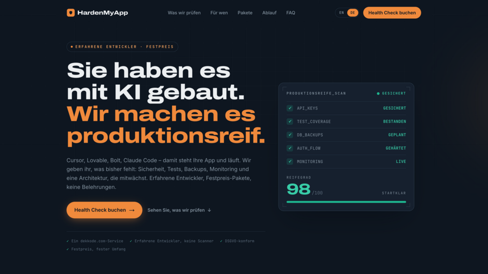 hardenmyapp.com ist live: Wir machen KI-gebaute Apps produktionsreif