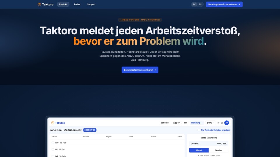 Taktoro ist live und meldet jeden Arbeitszeitverstoß, bevor er zum Problem wird