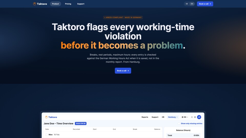 Taktoro is live and flags every working-time violation before it becomes a problem